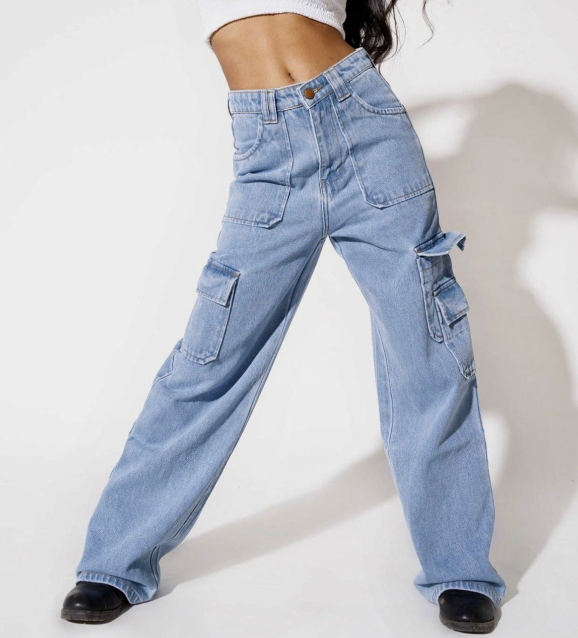 Women Stone Blue Korean Stretchable Wide Leg Ripped Jeans